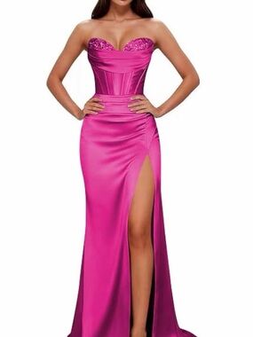 Strapless Hot Pink Satin Evening Gown with High Slit
